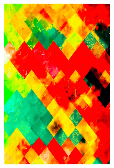 geometric square pixel pattern abstract in red yellow green Art Print by Timmy333