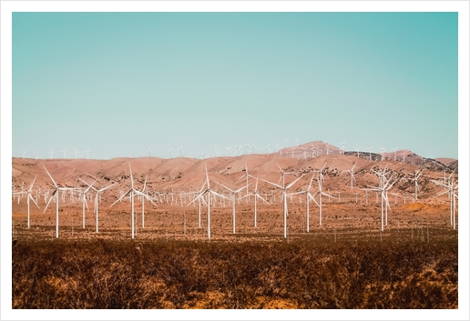 Wind turbine farm with blue sky in the desert at Kern County California USA Art Print by Timmy333