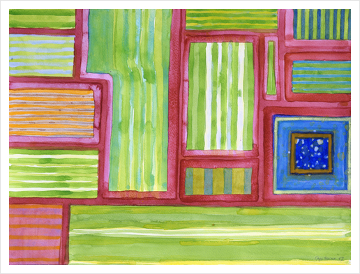 2013. Green Striped Fields with Blue Square  Art Print by Heidi Capitaine