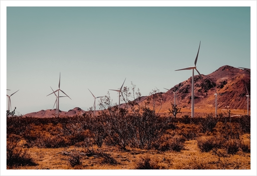 Wind turbine and desert view at Kern County California USA Art Print by Timmy333