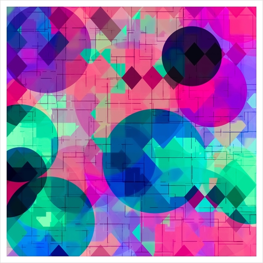 geometric square pixel and circle pattern abstract in pink blue green Art Print by Timmy333