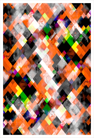 geometric pixel square pattern abstract in orange yellow green Art Print by Timmy333