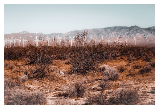 Desert and wind turbine with mountain view at Kern County California USA Art Print by Timmy333