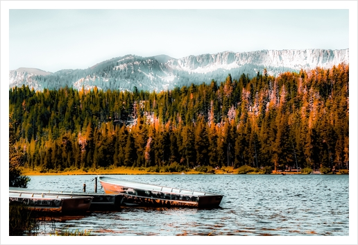 boat on the lake with pine tree and mountain background at Mammoth Lakes, California, USA Art Print by Timmy333