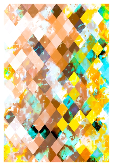 geometric square pixel pattern abstract in brown yellow blue Art Print by Timmy333