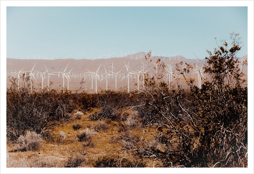 Desert and wind turbine with mountain background at Kern County California USA Art Print by Timmy333