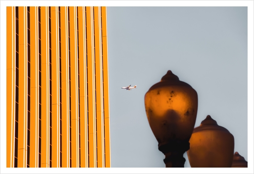 Urban Light with building and airplane at LACMA Los Angeles California USA Art Print by Timmy333