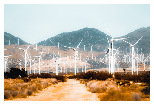 Wind turbine in the desert with mountain background at Kern County California USA  Art Print by Timmy333