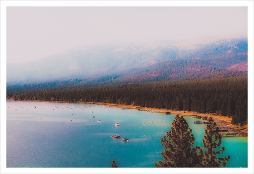 At Lake Tahoe Nevada USA with boat on the water and mountain view Art Print by Timmy333