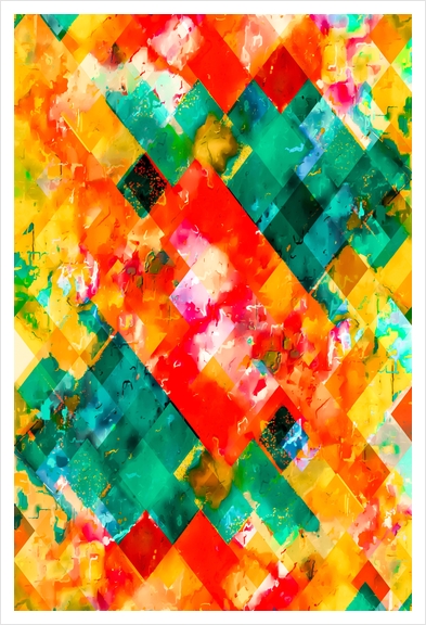 geometric pixel square pattern abstract in orange green red Art Print by Timmy333