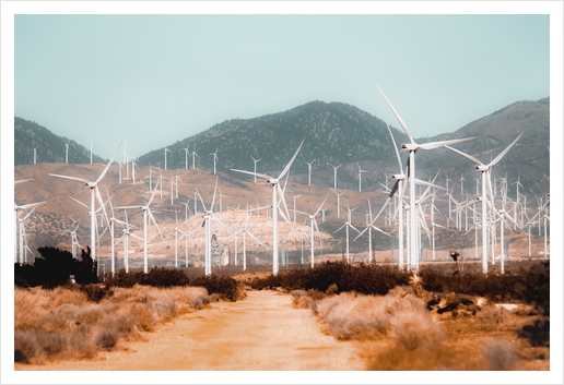 Wind turbine in the desert with mountain background at Kern County California USA Art Print by Timmy333