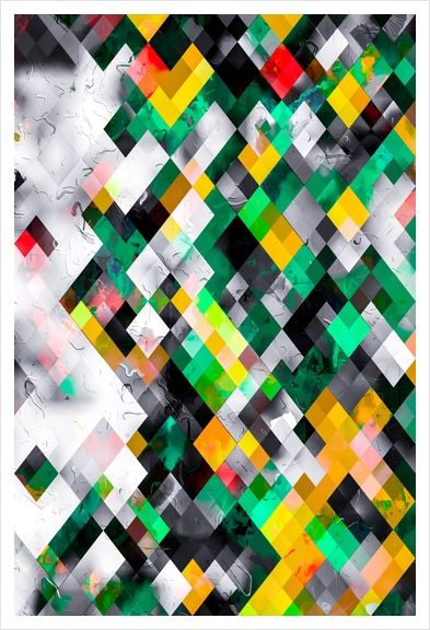 geometric square pixel pattern abstract background in green yellow black Art Print by Timmy333