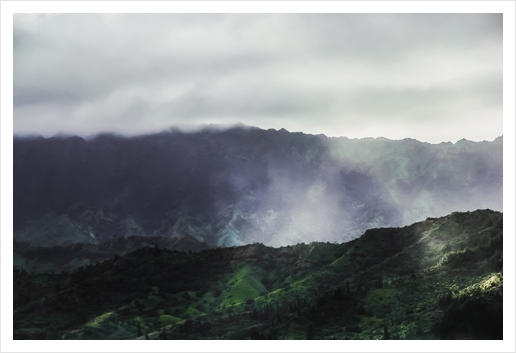 green tropical mountains with foggy sky at Kauai, Hawaii, USA Art Print by Timmy333