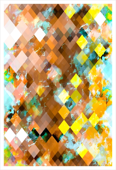 geometric pixel square pattern abstract art background in brown yellow blue Art Print by Timmy333