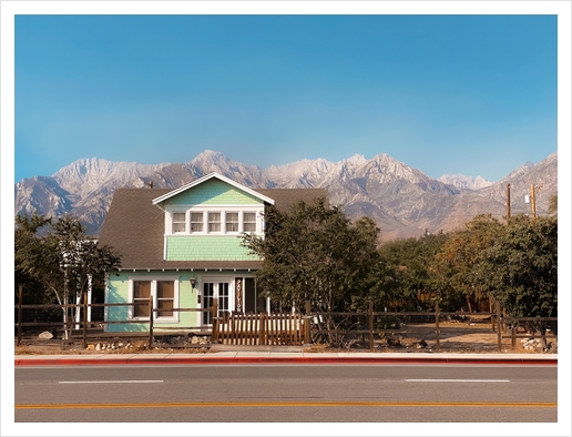 blue house with mountain view background in California USA Art Print by Timmy333