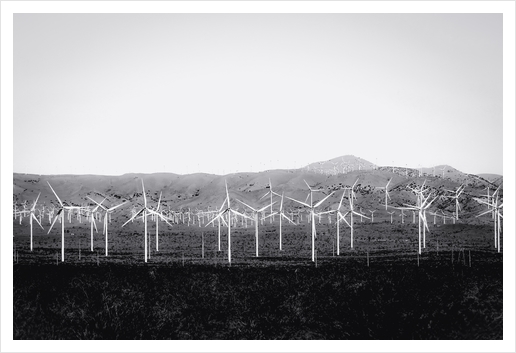 wind turbine in the desert with mountain background in black and white Art Print by Timmy333