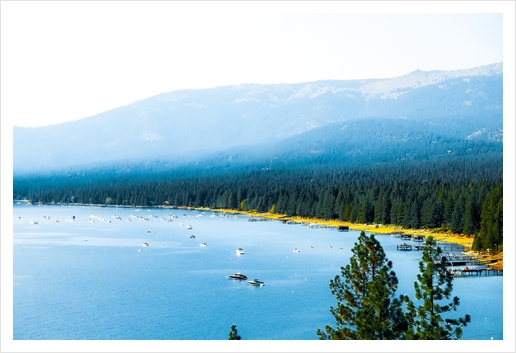 boats on the blue lake with pine tree and mountains at Lake Tahoe, Nevada, USA Art Print by Timmy333