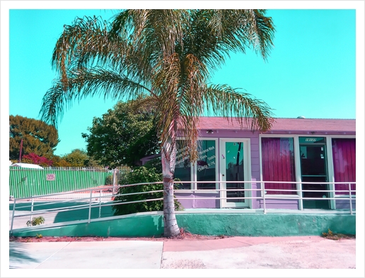 pink building in the city with palm tree and blue sky Art Print by Timmy333