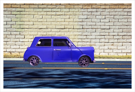 blue classic car on the road with brick wall background Art Print by Timmy333