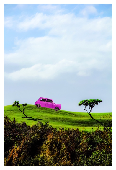 pink classic car on the green mountain with cloudy blue sky Art Print by Timmy333