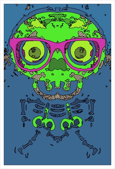 green funny skull art portrait with pink glasses and blue background Art Print by Timmy333