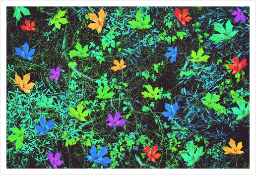 maple leaf in pink blue green yellow orange with green creepers plants background Art Print by Timmy333