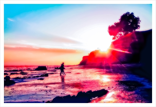 California summer sunset at the beach with blue sky Art Print by Timmy333