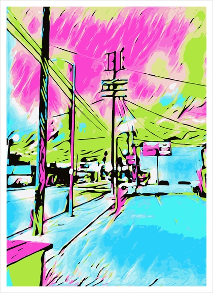 drawing and painting blue city with pink and green sky Art Print by Timmy333