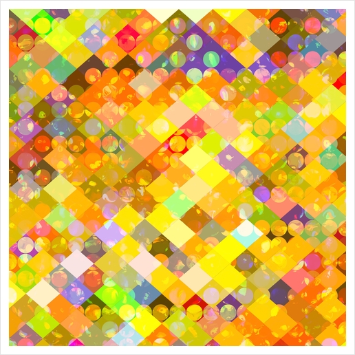 geometric square pixel and circle pattern abstract in yellow orange red blue Art Print by Timmy333