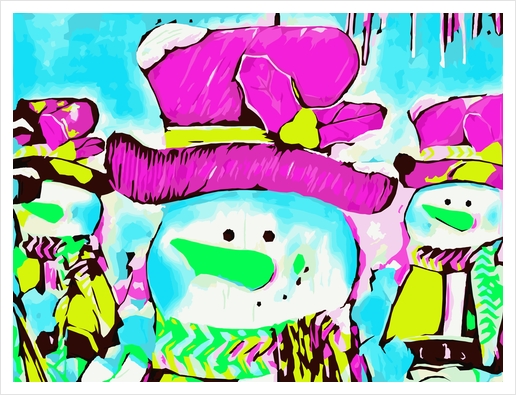 snowman with pink hat and blue background Art Print by Timmy333