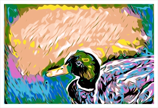 mallard duck with yellow green pink and blue abstract background Art Print by Timmy333