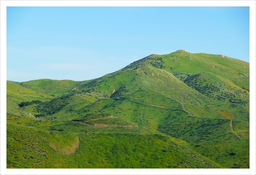 green field and green mountain with blue sky Art Print by Timmy333