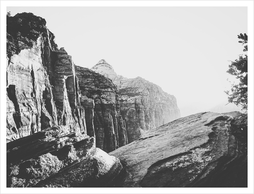 mountain view at Zion national park, USA with summer sunlight in black and white Art Print by Timmy333