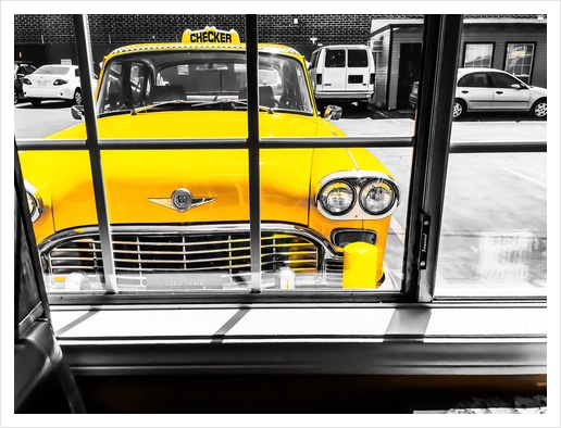 vintage yellow taxi car with black and white background Art Print by Timmy333