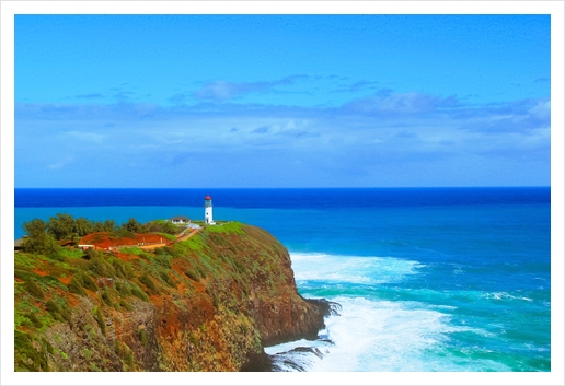 lighthouse on the green mountain with blue ocean and blue sky view at Kauai, Hawaii, USA Art Print by Timmy333