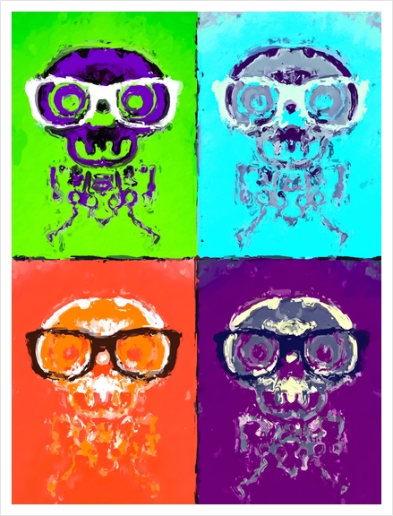 funny skull and bone with glasses with green blue orange and purple background Art Print by Timmy333