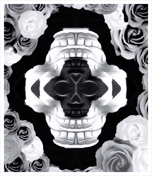 funny skull portrait with roses in black and white Art Print by Timmy333