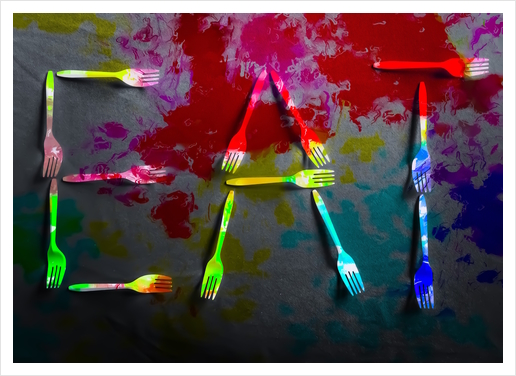 EAT alphabet by fork with red blue green yellow painting abstract background Art Print by Timmy333