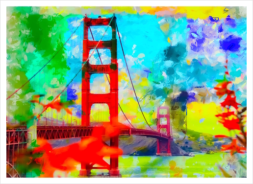 Golden Gate bridge, San Francisco, USA with blue yellow green painting abstract background Art Print by Timmy333
