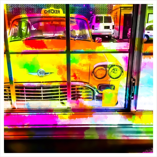 yellow classic taxi car with colorful painting abstract in pink orange green Art Print by Timmy333