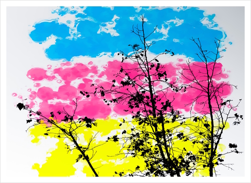 tree branch with leaf and painting texture abstract background in blue pink yellow Art Print by Timmy333