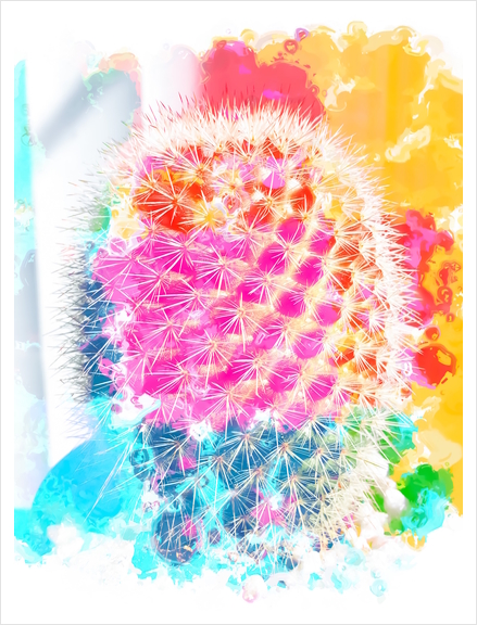 closeup cactus with colorful painting abstract in pink orange blue Art Print by Timmy333