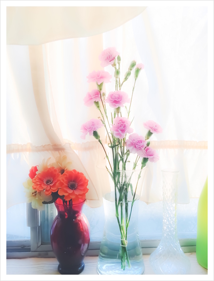 pink flower and orange flower in the vase with curtain background Art Print by Timmy333