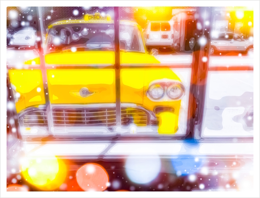 yellow classic taxi car with colorful bokeh light abstract background Art Print by Timmy333