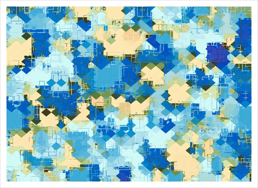 geometric square pixel pattern abstract in blue and yellow Art Print by Timmy333