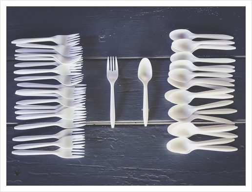 plastic forks and plastic spoons with wooden table Art Print by Timmy333