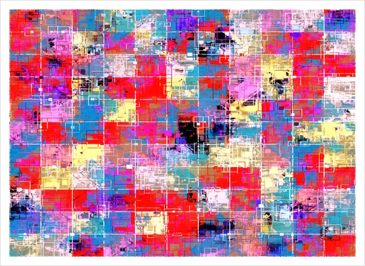 psychedelic geometric square pixel pattern abstract background in red pink blue yellow Art Print by Timmy333