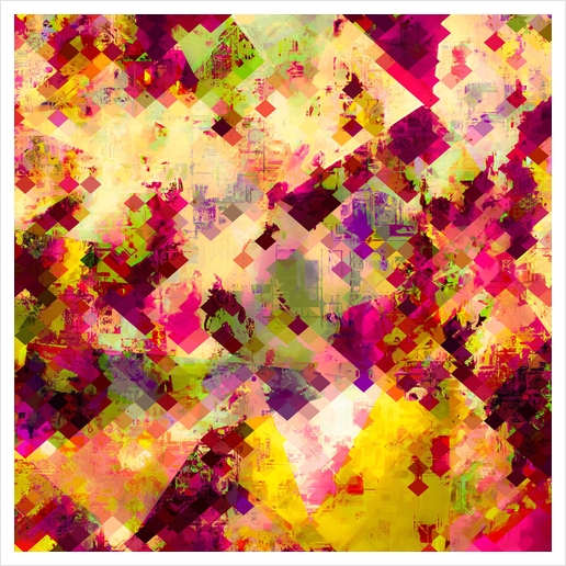 geometric square pixel pattern abstract in pink yellow purple Art Print by Timmy333