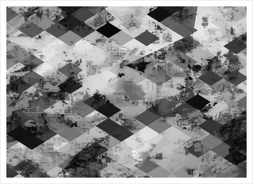 psychedelic geometric square pixel pattern abstract background in black and white Art Print by Timmy333