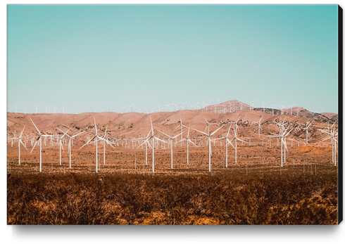 Wind turbine farm with blue sky in the desert at Kern County California USA Canvas Print by Timmy333